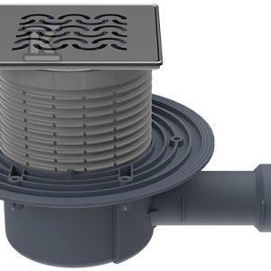 Wpust stropowy DN40/50 poziomy z kołnierzem przyłączeniowym, syfonem antyzapachowym Primus blue i nasadą ze stali szlachetnej 121x121mm z rusztem dekoracyjnym HL510PRBLUE-3121