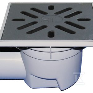 Wpust podwórzowy Perfekt DN110 z odejściem poziomym, ramą z tworzywa sztucznego 244x244mm, kratką ściekową z żeliwa 226x226mm, klapą antyzapachową i koszem osadczym HL605
