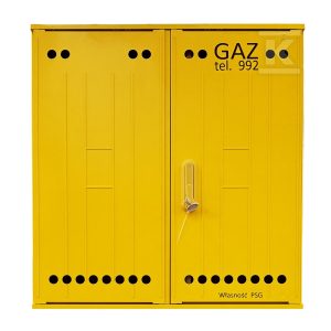 Szafka gazowa z kompozytu, wisząca, typ SSTG, szerokość 800 / wysokość 840mm + monozłącze na 2 gazomierze w pionie z zaworem 5/4″ na reduktor, standard PSG, kolor żółty RAL1021 IOBG-91058-07-528-H