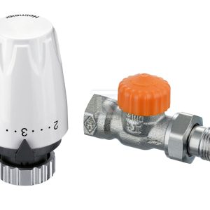 Głowica termostatyczna DX – biała, klasa A, higieniczna, histereza 0.3 K oraz Automatyczny zawór termostatyczny Eclipse DN15 – prosty DMK854