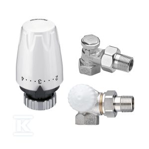 Głowica termostatyczna DX – biała, klasa A, higieniczna, histereza 0.3 K oraz zawór termostatyczny V-exakt II DN15 niklowany, kapa biała kątowo-narożny do montażu z lewej strony grzejnika, z nastawą wstępną oraz grzejnikowy zawór odcinający Regutec DN15(1/2), kątowy, niklowany DMK858