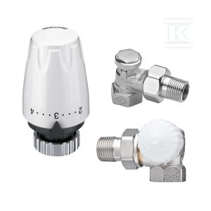 Głowica termostatyczna DX – biała, klasa A, higieniczna, histereza 0.3 K oraz zawór termostatyczny V-exakt II DN15 niklowany, kapa biała kątowo-narożny do montażu z prawej strony grzejnika, z nastawą wstępną oraz grzejnikowy zawór odcinający, Regutec DN15(1/2), kątowy, niklowany DMK859