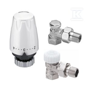 Głowica termostatyczna DX – biała, klasa A, higieniczna, histereza 0.3 K oraz zawór termostatyczny V-exakt II DN15 niklowany, kapa biała, kątowy, z nastawą wstępną oraz grzejnikowy zawór odcinający, Regutec DN15(1/2), kątowy, niklowany DMK860