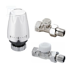 Głowica termostatyczna DX – biała, klasa A, higieniczna, histereza 0.3 K oraz zawór termostatyczny V-exakt II DN15 niklowany, kapa biała, prosty, z nastawą wstępną oraz grzejnikowy zawór odcinający, Regutec DN15(1/2), prosty, niklowany DMK861