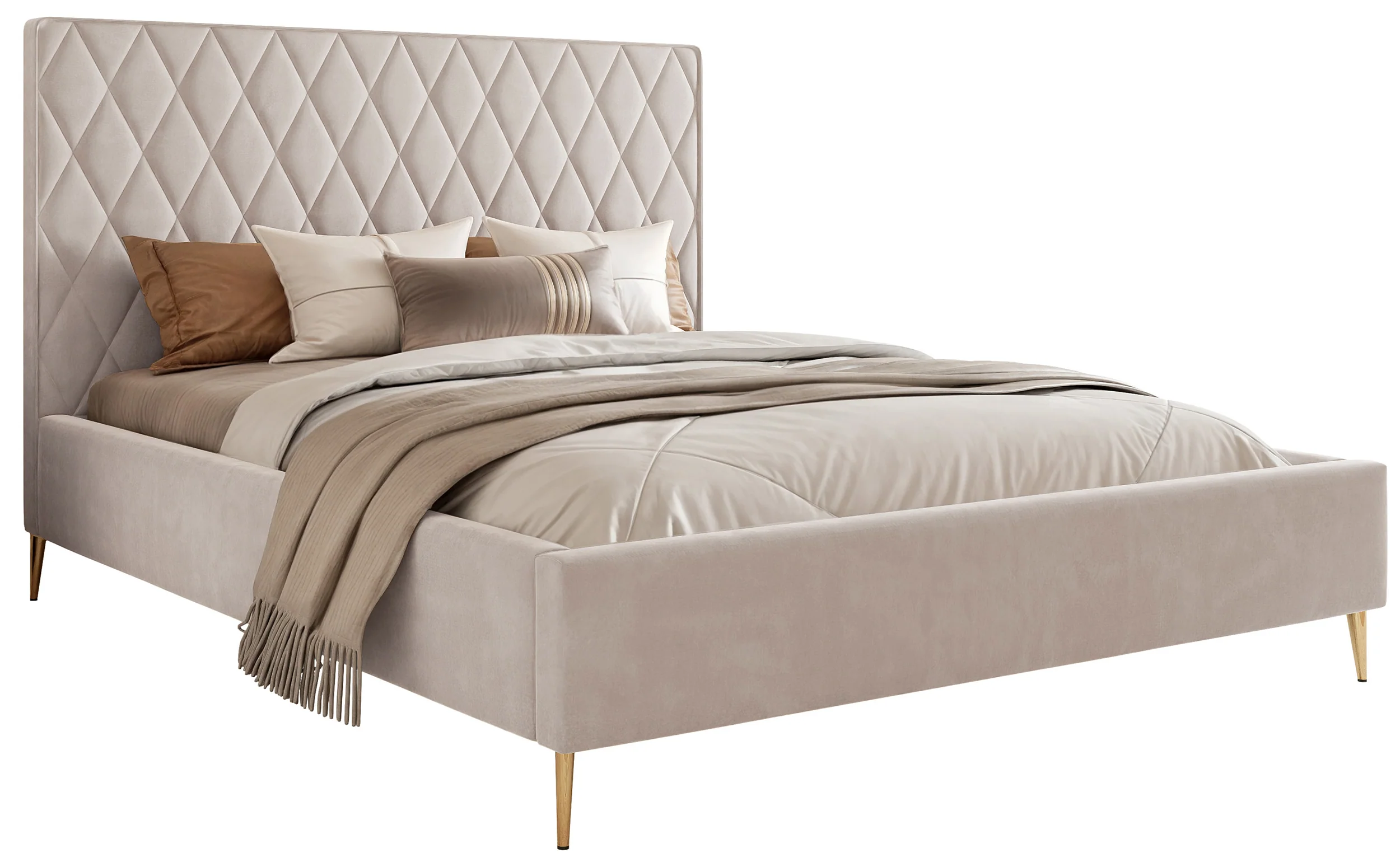 Łóżko tapicerowane 160×200 cm Caro z pojemnikiem szarobeżowe welur hydrofobowy złote nóżki