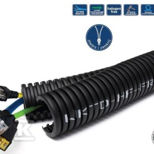 Rura karbowana czarna z kolorowym paskiem dwudzielna WKTD-HF-FR-B 30×41/2m,palna, o odporności 500N W3737