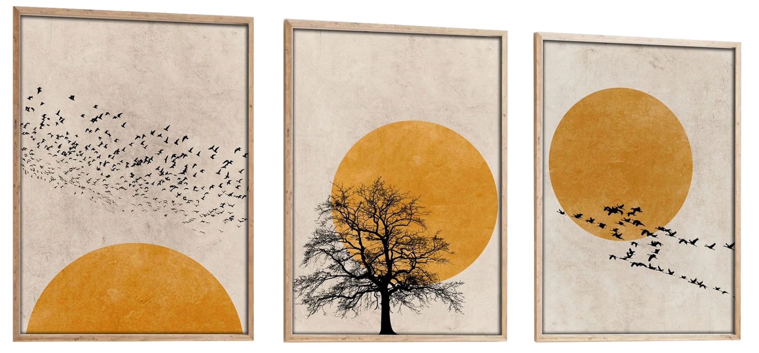 Zestaw trzech obrazów Bodenass 50×70 cm słońce z czarnymi akcentami