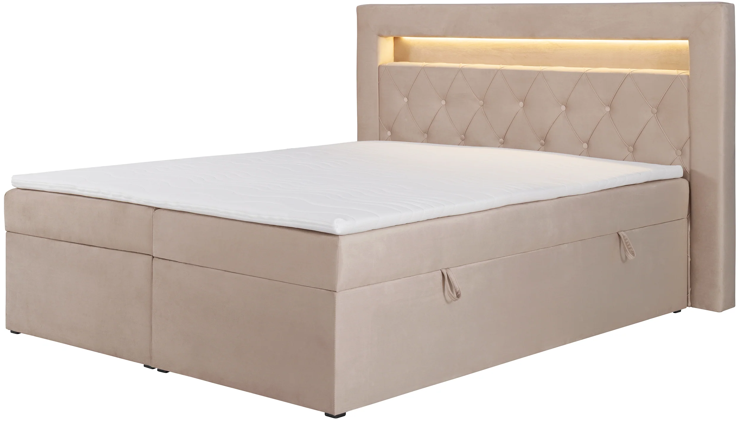Łóżko kontynentalne 160×200 cm Goldess z pojemnikami i oświetleniem LED beżowe welwet