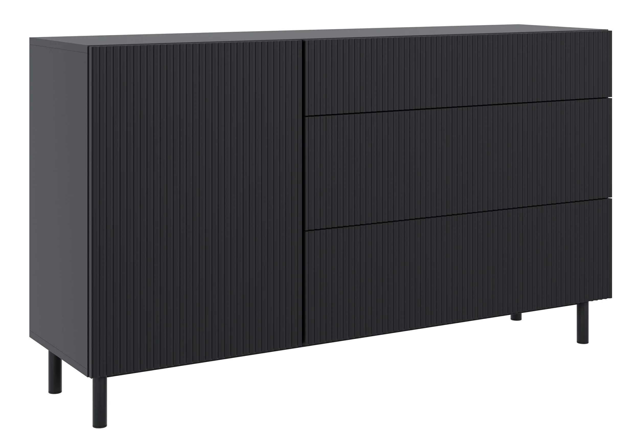 Komoda jednodrzwiowa Veldio New z frezowanym frontem i trzema szufladami 140 cm czarna