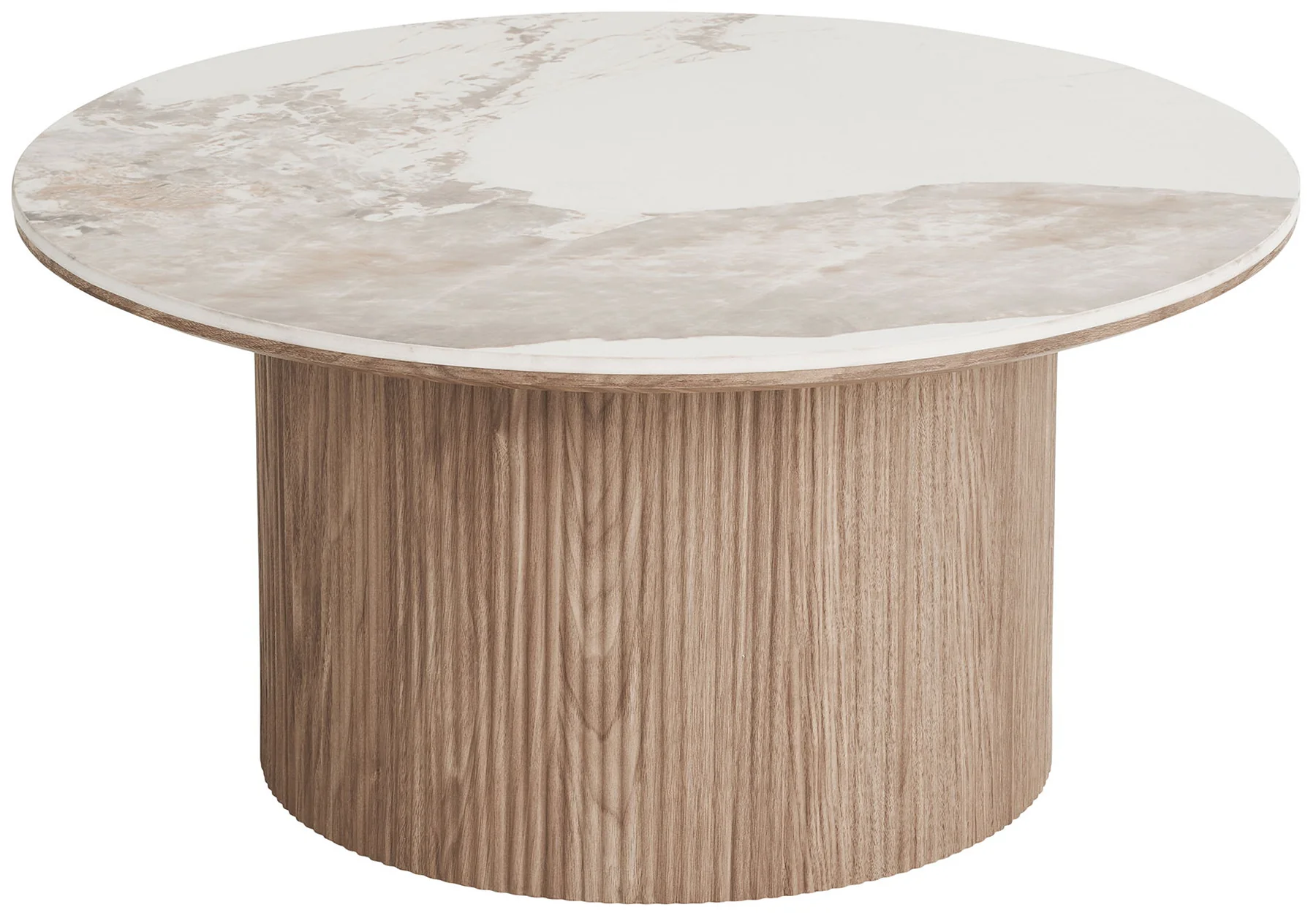 Stolik kawowy Athens okrągły 80 cm z okrągłą podstawą lamele jasny orzech ceramiczny blat