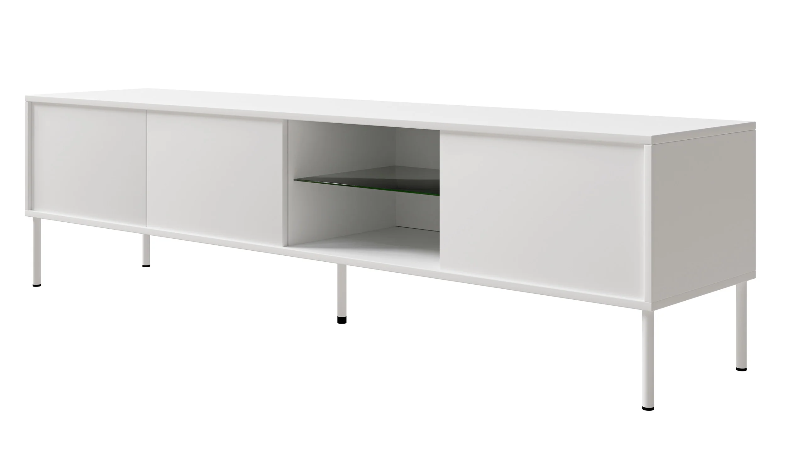 Szafka RTV trzydrzwiowa Modity ze szklaną półką i oświetleniem 175 cm biała