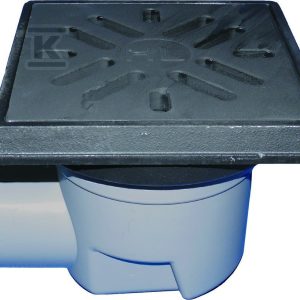 Wpust podwórzowy Perfekt DN110 z odejściem poziomym, ramą z żeliwa 260x260mm, kratką ściekową z żeliwa 226x226mm, klapą antyzapachową i koszem osadczym HL605.1