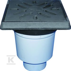 Wpust podwórzowy Perfekt DN110 z odejściem pionowym, ramą z żeliwa 260x260mm, kratką ściekową z żeliwa 226x226mm, klapą antyzapachową i koszem osadczym HL606.1/1