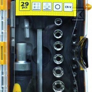 Zestaw wkrętak T grzechotka bity nasadkam PVC box 29cz MN-14-514