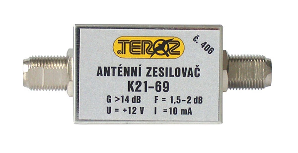 Anténní zesilovač TEROZ 406X, nízkošumový, UHF, G14dB, F1,5dB, U98dBµV, F-F
